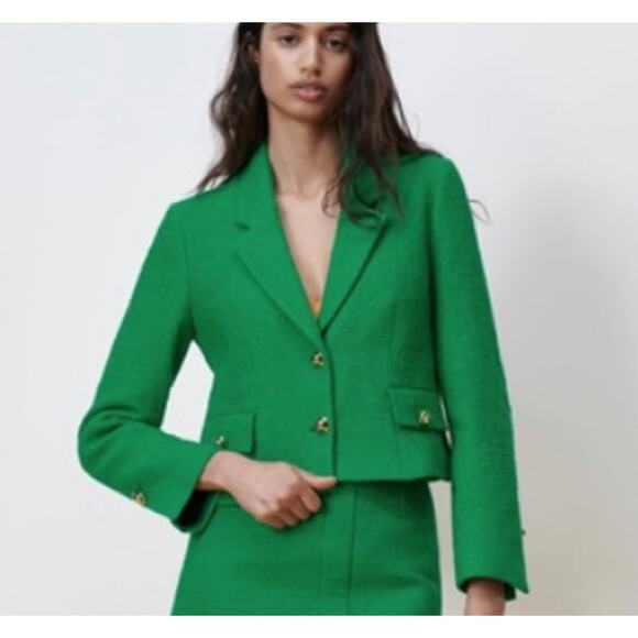 Zara Textured Fitted Cropped Blazer in Green Size S Gold Buttons Lapel - Picture 1 of 9